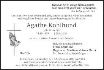 Todesanzeige von Agathe Kohlhund von merkurtz