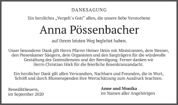 Todesanzeige von Anna Pössenbacher von merkurtz
