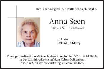 Todesanzeige von Anna Seen von merkurtz