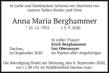 Todesanzeige von Anna Maria Berghammer von merkurtz