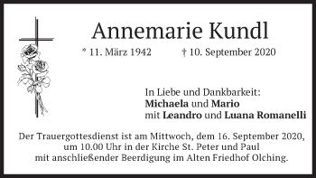 Todesanzeige von Annemarie Kundl von merkurtz