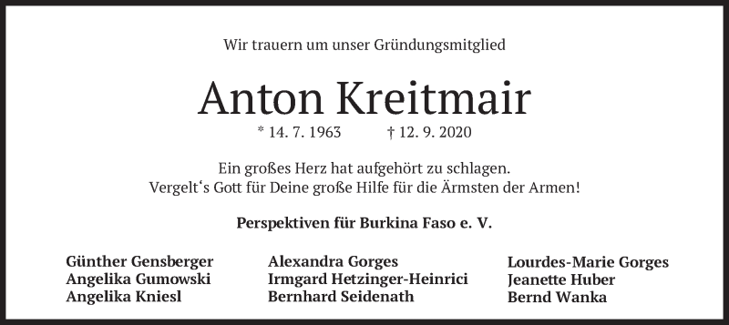 Traueranzeige für Anton Kreitmair vom 16.09.2020 aus merkurtz