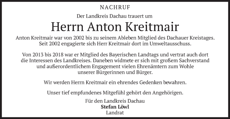  Traueranzeige für Anton Kreitmair vom 16.09.2020 aus merkurtz