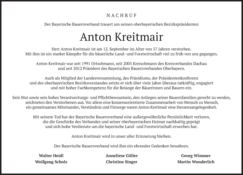 Traueranzeige für Anton Kreitmair vom 16.09.2020 aus merkurtz