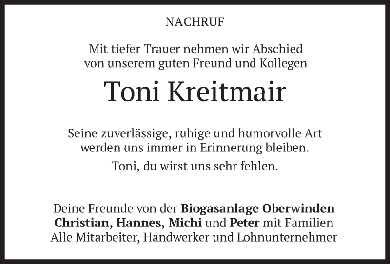  Traueranzeige für Anton Kreitmair vom 16.09.2020 aus merkurtz