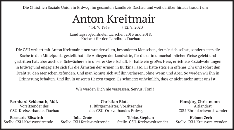  Traueranzeige für Anton Kreitmair vom 16.09.2020 aus merkurtz