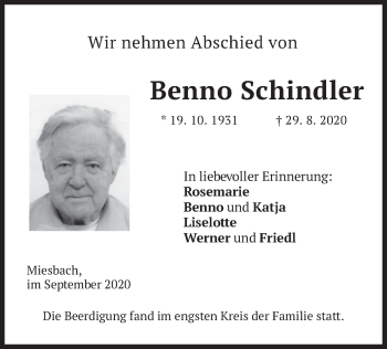 Todesanzeige von Benno Schindler von merkurtz