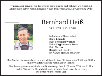 Todesanzeige von Bernhard Heiß von merkurtz