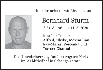 Todesanzeige von Bernhard Sturm von merkurtz