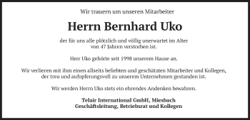 Todesanzeige von Bernhard Uko von merkurtz