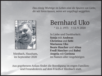 Todesanzeige von Bernhard Uko von merkurtz