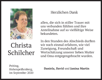 Todesanzeige von Christa Schilcher von merkurtz