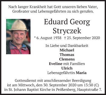 Todesanzeige von Eduard Georg Stryczek von merkurtz