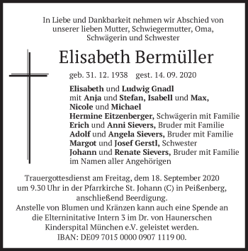 Todesanzeige von Elisabeth Bermüller von merkurtz