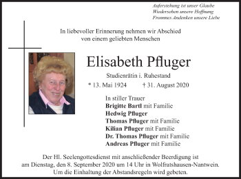 Todesanzeige von Elisabeth Pfluger von merkurtz