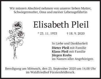 Todesanzeige von Elisabeth Pleil von merkurtz
