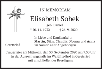 Todesanzeige von Elisabeth Sobek von merkurtz