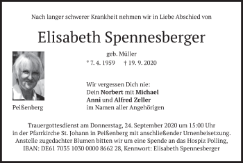 Todesanzeige von Elisabeth Spennesberger von merkurtz