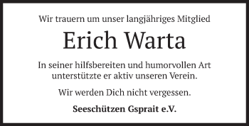 Todesanzeige von Erich Warta von merkurtz