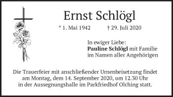 Todesanzeige von Ernst Schlögl von merkurtz