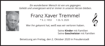Todesanzeige von Franz Xaver Tremmel von merkurtz