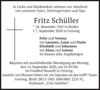 Todesanzeige von Fritz Schüller von merkurtz