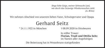 Todesanzeige von Gerhard Seitz von merkurtz