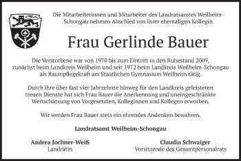 Todesanzeige von Gerlinde Bauer von merkurtz