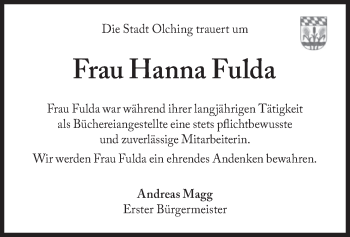 Todesanzeige von Hanna Fulda von merkurtz