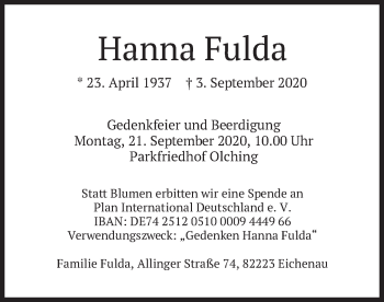Todesanzeige von Hanna Fulda von merkurtz