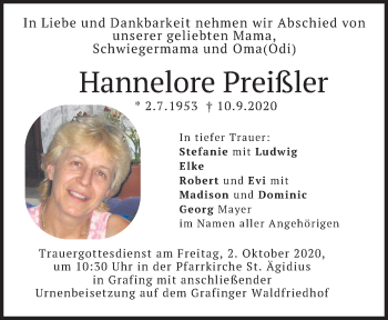 Todesanzeige von Hannelore Preißler von merkurtz