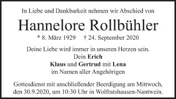 Todesanzeige von Hannelore Rollbühler von merkurtz