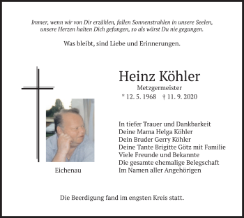 Todesanzeige von Heinz Köhler von merkurtz