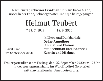 Todesanzeige von Helmut Teubert von merkurtz