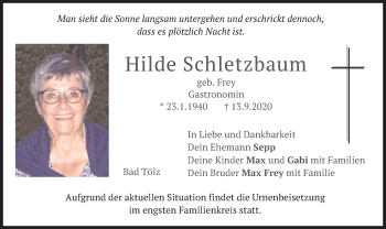 Todesanzeige von Hilde Schletzbaum von merkurtz