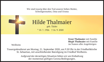 Todesanzeige von Hilde Thalmaier von merkurtz