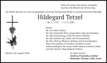 Todesanzeige von Hildegard Tetzel von merkurtz