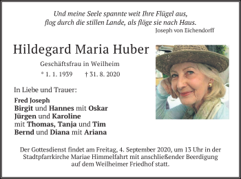 Todesanzeige von Hildegard Maria Huber von merkurtz