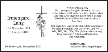 Todesanzeige von Irmengard Lang von merkurtz