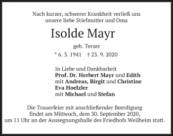 Todesanzeige von Isolde Mayr von merkurtz