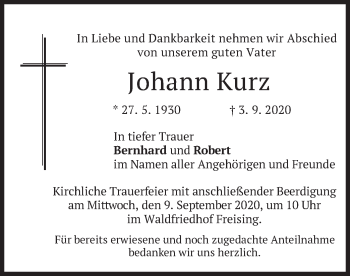 Todesanzeige von Johann Kurz von merkurtz