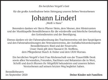 Todesanzeige von Johann Linderl von merkurtz