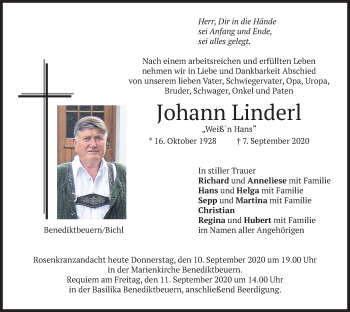 Todesanzeige von Johann Linderl von merkurtz