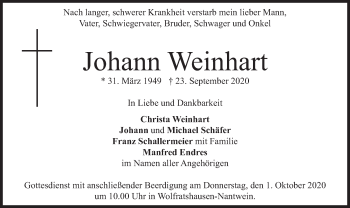 Todesanzeige von Johann Weinhart von merkurtz
