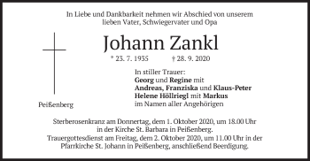 Todesanzeige von Johann Zankl von merkurtz