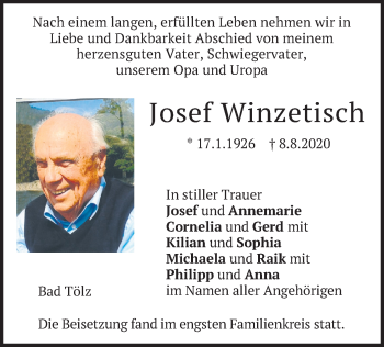 Todesanzeige von Josef Winzetisch von merkurtz