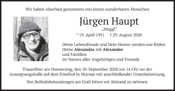 Todesanzeige von Jürgen Haupt von merkurtz
