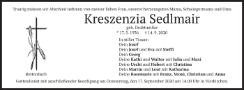Todesanzeige von Kreszenzia Sedlmair von merkurtz