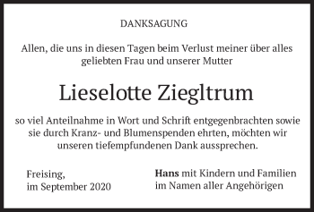 Todesanzeige von Lieselotte Ziegltrum von merkurtz