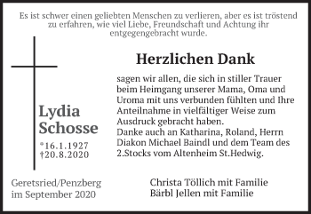 Todesanzeige von Lydia Schosse von merkurtz